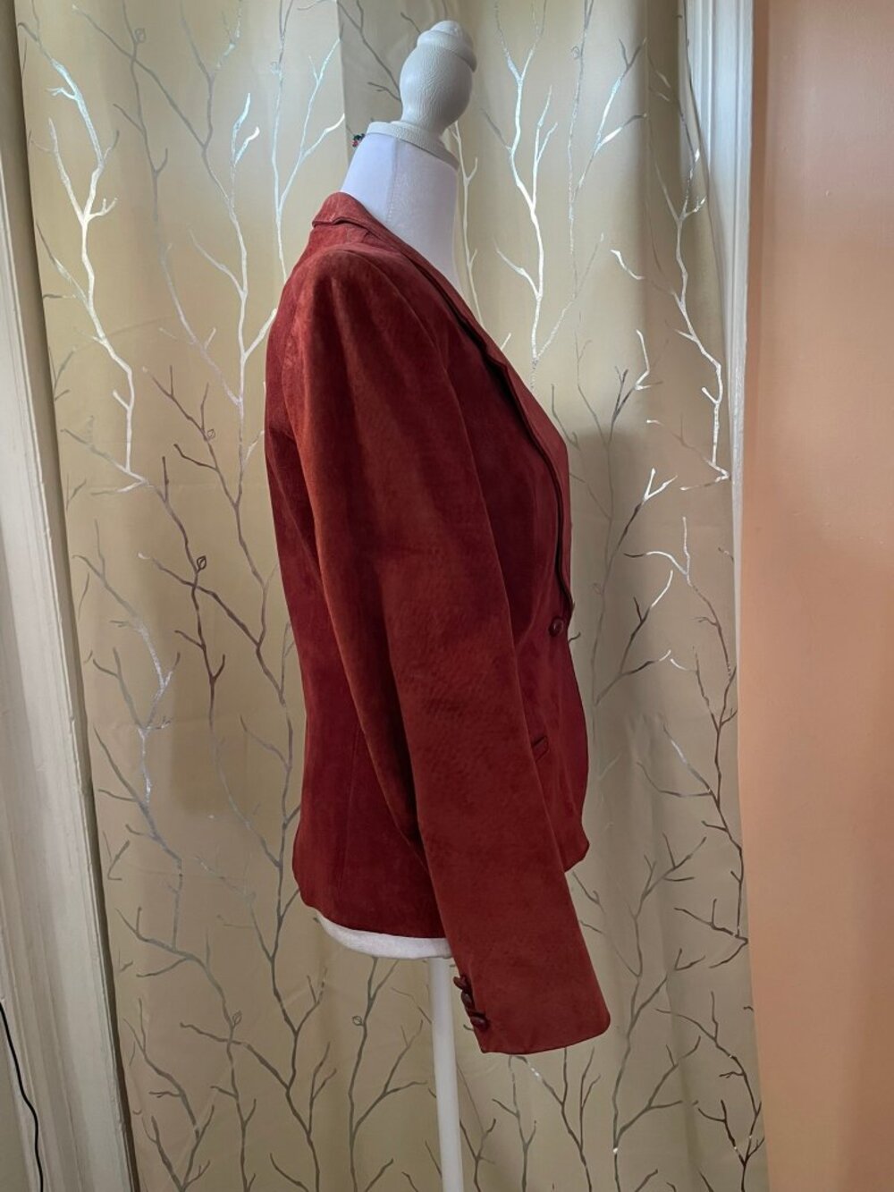 Dark Red Real Suede Leather Blazer Jacket - Picture 5 of 14